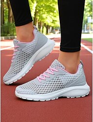 Lichtgewicht grijze mesh hardloopschoenen voor dames met vetersluiting voor joggen, fitness en buitentrainingen