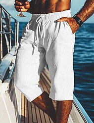 Herr Shorts Linne Shorts Sommarshorts Beach Shorts Ficka Snörning Elastisk midja Slät Komfort Andningsfunktion Vadlängd Semester Helgdag Strand Hawaiisk Boho Svart Vit