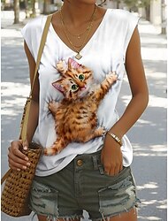 Kayomi Harai Damen Camisole Tank Top Grafik Tier Katze Stilvoll Klassisch Lässig Ärmellos V-Ausschnitt Normal Oberteile Alltagsdruck Schwarz Weiß Gelb Sommer Frühling