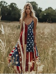 Damen Patriotisches Maxikleid Strandkleid A-Linien Kleid Schlüpfkleid Urlaub Lässig Ausgehen Strand Reguläre Passform Grafik Sterne und Streifen Nationalflagge Ärmellos V-Ausschnitt