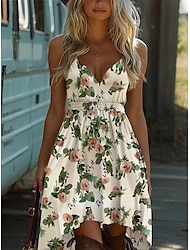 Dames Mini-jurk Zonnejurk Slipdress Off-the-shoulder jurk Vakantie Casual Boho Buiten Cocktailparty Uitgaan Standaard pasvorm Bloemig Grafisch Geometrisch Mouwloos V-hals Zwart Lichtgroen Blozend Roze