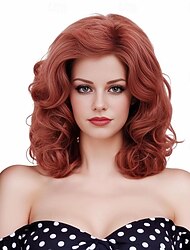 Parrucca vintage rosso rame da 16 pollici per donna, parrucca sintetica naturale castano ramato, ondulata e lunga, per cosplay anni '70 e '80, per uso quotidiano in Halloween.