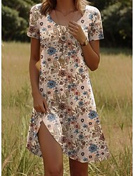 Women's Mini Dress T Shirt Dress Tee Dress A Line Dress Summer Dress Casual Beach Holiday Regular Fit Floral Graphic Short Sleeve Crew Neck Blue Red Light Brown Orange Summer Spring