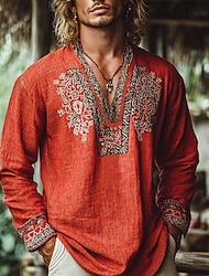 Per uomo Camicia popover Camicia Estiva Abbigliamento da spiaggia Camicia vintage Camicia etnica Floreale Vacanza Ferie Giallo Blu Arancione Marrone Manica Lunga Scollo a V Estate Primavera