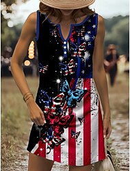 Independence Day Women's Patriotic Fourth of July Mini Dress Sundress Summer Dress Casual Holiday Regular Fit Graphic Flag Butterfly Sleeveless V Neck Red Summer Spring