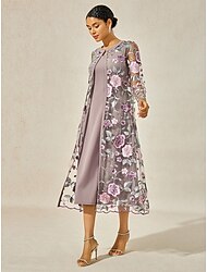 בגדי ריקוד נשים אורך התה שמלת קוקטייל סט שמלות שמלת אורח לחתונה שמלה עם כיווץ במותן אלגנטית רשמי חתונה מפלגה רגיל פרחוני שרוול ארוך צווארון עגול קצר ורוד אפור קיץ אביב סתיו