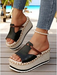 Dámské černé espadrilky na platformě s pletenou jutovou podrážkou – ležérní plážové boty na klínku na letní dovolenou, do resortů a na pobřeží
