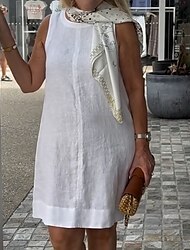 女性用 ミニドレス カジュアルドレス クラシック 近代の バケーション 日常 祝日 レギュラー 平織り ノースリーブ クルーネック ブラック ホワイト カーキ色 夏