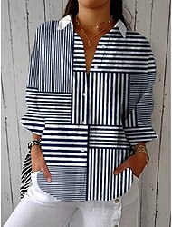 Mujer Camisa Graphic Geométrico A Rayas Vintage Tropical Diario Manga Larga Cuello Camisero Tops regulares Trabajo Diario Festivos Botones Estampado Azul Marino Verano Primavera Otoño