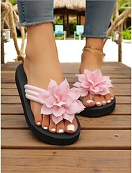 női bézs virágmintás flip-flop papucs párnázott talppal, hétköznapi strandszandál nyári vakációhoz és medence melletti kikapcsolódáshoz