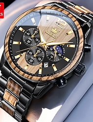 Olevs 3645 herenhorloge topmerk zakelijk origineel quartzhorloge massief hout multifunctionele chronograaf maanfasehorloge