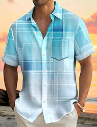 Men's Geometric Gradient Line Shirt Summer Shirt Button Up Shirt Short Sleeve Fashion Casual Outdoor Vacation Dailywear Summer Spring Turndown 3D Print Collared Shirts Front One Pocket Red Blue