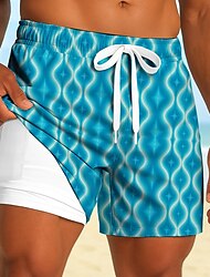 Men's Geometric Gradient Grid / Plaid Lined Shorts 2 in 1 Board Shorts Swim Shorts Mid Waist Hawaiian Holiday Side Pockets With Compression Liner Elastic Drawstring Waist Designer Clothing Apparel