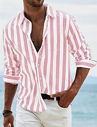 Per uomo Camicia Camicia Estiva Abbigliamento da spiaggia Camicia con Bottoni Rosa chiaro Nero Rosa Azzurro cielo Grigio scuro Manica Lunga A righe Colletto Vacanza Crociera Abbigliamento Moda Tempo