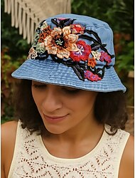 Damen-Bucket-Hut aus besticktem Denim – Blumendesign, stylischer Sommerhut, perfekt für Outdoor-Aktivitäten, Strand und Freizeit