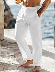 Men's Linen Pants Trousers Summer Pants Baggy Pants Beach Pants Drawstring Elastic Waist Straight Leg Plain Comfort Breathable Full Length Outdoor Casual Daily Vacation Fashion Black White