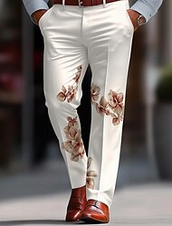 Men's Floral Print Flowers Dress Pants Trousers Suit Pants Mid Waist Casual Formal Outdoor Vacation Regular Fit Flat-Front Straight Leg Pants with Pockets Summer Spring Fall 3D Print Brown khaki Beige