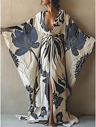 Damen Langes Kleid Maxikleid Boho Kleid Freizeitkleid Swing Kleid Urlaubskleid Mode Modern Alltag Urlaub Strand Regular Fit Blumen Langarm V-Ausschnitt Weinrot Marineblau Königsblau Sommer Frühling
