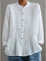 Damen Bluse aus Baumwolle und Leinen, einfarbig, elegant, lässig, langärmlig, hoher Halsausschnitt, normale Oberteile, Alltag, Urlaub, Knöpfe, schwarz, weiß, gelb, rot, blau, Sommer, Herbst