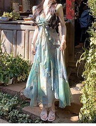 Women's Long Dress Maxi Dress Print Dress Modern Vacation Holiday Tea Party Regular Fit Flower Sleeveless V Neck Green Summer