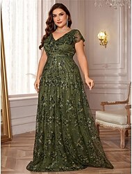 Vestidos Plus Size em A Linha Vestido Elegante de Curvas Formal Casamento Comprimento Longo Manga Curta V Gola Costas V com Lantejoulas