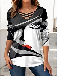 Damen T Shirt Grafik Geometrisch Abstrakt Vintage Stilvoll Modern Langarm V Ausschnitt Normale Oberteile Täglich Ausschnitt Druck Schwarz Weiß Orange Frühling Herbst