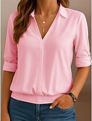 Dames Overhemd Effen Kleur Stijlvol Casual 3/4 mouw V-hals Normale tops Werk Dagelijks Feestdagen Wit Blozend Roze Grijs Licht Blauw Zomer