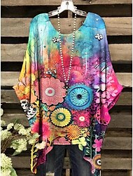 Mujer Blusa Graphic Geométrico Elegante Vintage Diario Manga Corta Manga Murciélago Cuello Barco Tops regulares Diario Festivos Ropa de vacaciones Amarillo Rosa Morado Naranja Verano Primavera