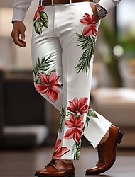 Men's Floral Print Flowers Dress Pants Trousers Suit Pants Mid Waist Casual Vacation Party Regular Fit Flat-Front Straight Leg Pants with Pockets Summer Spring Fall 3D Print White