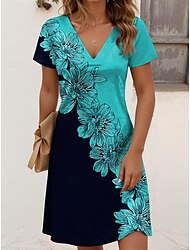 Dames Halflange jurk T shirt jurk Zonnejurk A lijn jurk Vakantie Casual Strandstijl Uitgaan Strand Normale pasvorm Bloemig Grafisch Korte mouw V-hals Wit blauw Groen Donkerblauw Zomer Lente