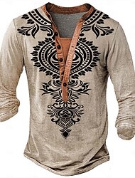 Herren Druck Ethnisch T Shirt Henley Hemd Langarm Designer Retro Vintage Ethnisch Straße Lässig Täglich Sommer Frühling Herbst Khaki Henley Henley T-Shirt