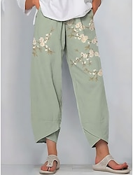 Dames Breed Been Chinese Wijde broek Vintage Basic Casual Enkellengte Hoge taille Bloemig Grafisch Lapwerk Trekkoord Opdrukken Ademend Inelastisch Buiten Vakantie Straat Geel blauw Groen Beige Zomer