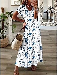 Pentru femei Rochie Maxi Rochie casual Rochie de Vară Rochie A line Elegant Vacanță Casual Concediu Plajă Fit regulat Floral Grafic Manșon scurt În V Alb Bleumarin Vară Primăvară