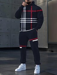 Férfi Kockás Színes 2db 3D pulóver készletek Tracksuit Kapucnis pulóver Hosszú ujj Hosszú nadrág Kapucni Alkalmi Napi Sportruházat 3D nyomtatás Tavasz Ősz Tél Fekete