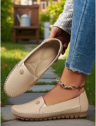 装飾花付きレディーススリッポンモカシン - 普段使い、カジュアルな外出、リラックスした散歩に最適な柔らかく快適なローファー