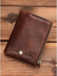 Cartera plegable de piel de vacuno con bloqueo RFID para hombre, con monedero con cremallera: tarjetero vintage delgado para uso diario y profesional.