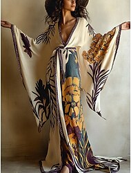 dames lange jurk maxi-jurk boho-jurk casual jurk swingjurk zomerjurk vintage vakantie dagelijks strand normale pasvorm bloemen lange mouw v-hals beige zomer lente herfst