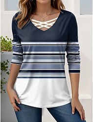 Women's T Shirt Graphic Geometric Vintage Stylish Classic Long Sleeve V Neck Regular Tops Daily Cut Out Print Yellow Pink Navy Blue Blue Spring Fall
