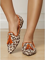 Planos de Borlas con Estampado de Leopardo para Mujer - Zapatos de Punta Ajutada de Estilo Retro con Ribete Naranja y Tacón Cuadrado para Uso Diario y Salidas Informales