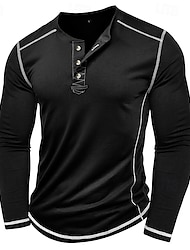 Herren T Shirt Henley Hemd Henley Oberteil Langarm Einfarbig Vintage Lässig Kontrastnähte Henley Outdoor Lässig Athleisure Frühling Herbst Frühling & Herbst Schwarz Weiß Grau Henley T-Shirt