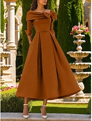 A-Linie Cocktailkleider Elegantes Kleid Formelle Hochzeitsgast Teelänge 3/4-lange Ärmel Quadratausschnitt Satin mit Schleife(n) Tasche