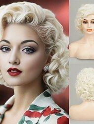 Blond lockig kort peruk för vita kvinnor Vintage syntetfiberperuk för dagligt bruk cosplay kostymer halloween