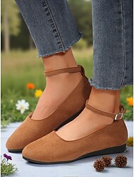 נעליים שטוחות שחורות עם רצועת קרסול דמוי זמש לנשים - נעלי בלט קז'ואל אלגנטיות למשרד, טיולים יומיומיים ותלבושות סתיו