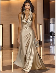 ゴールドイブニングガウン エレガントドレス フォーマルウェディング スウィープ/ブラシトレイン ノースリーブ カウルネック サテン ラッシュ付き