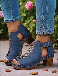 Damen-Booties mit Peep-Toe, Cut-Out und Blockabsatz und Reißverschluss hinten – stylische Sommer-Stiefeletten mit dicken Absätzen für Verabredungen, Gartenpartys und Veranstaltungen im Freien