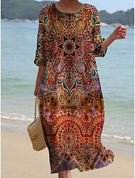 Damen Midikleid Freizeitkleid Druckkleid Vintage afrikanisch Täglich Strand Wochenende Normale Passform Blumen Grafik Dreiviertelarm Rundhalsausschnitt Rote Fuchsie Braun Frühling Herbst