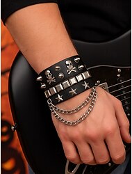 Bracciale unisex in similpelle con teschio punk di Halloween e catene – braccialetto gotico regolabile per feste in maschera, cosplay e concerti rock
