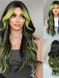 Schwarze, rote Highlights, lange, gewellte Perücke mit Vorhangpony, 26 Zoll, rot-schwarzes Ombre, synthetische, hitzebeständige Perücke mit dunklem Ansatz für Frauen, Halloween, Cosplay, Partyperücken
