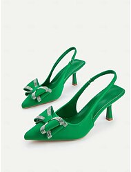 Sapatos de salto gatinho verdes com tiras finas e laço de strass para mulheres - sapatos elegantes de bico fino para reuniões diárias, festas e ocasiões formais