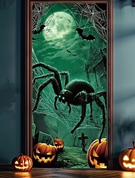 Halloween Dveřní Kryt – Obrovský Zelený Pavouk v Strašidelném Lesu Strašidelný Vstupní Banner Venkovní a Vnitřní Dekorace pro 2025 Halloween Ložnici Obývací Pokoj Koupelnu